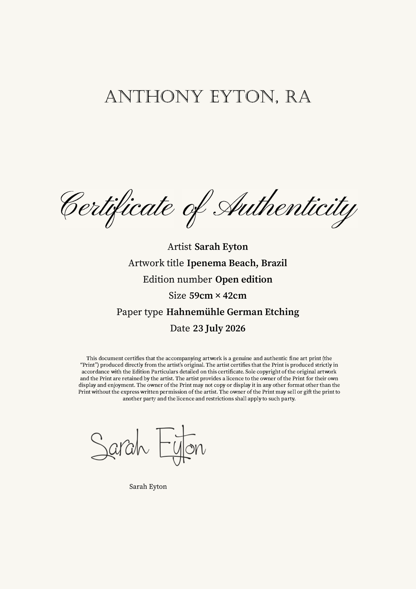 Ipenema Beach, Brazil — Certificate of Authenticity