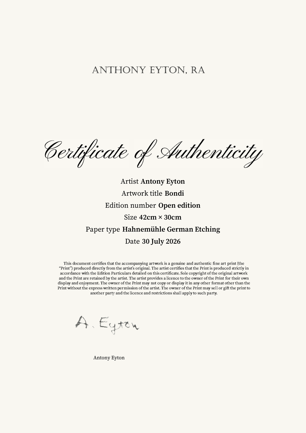Bondi — Certificate of Authenticity