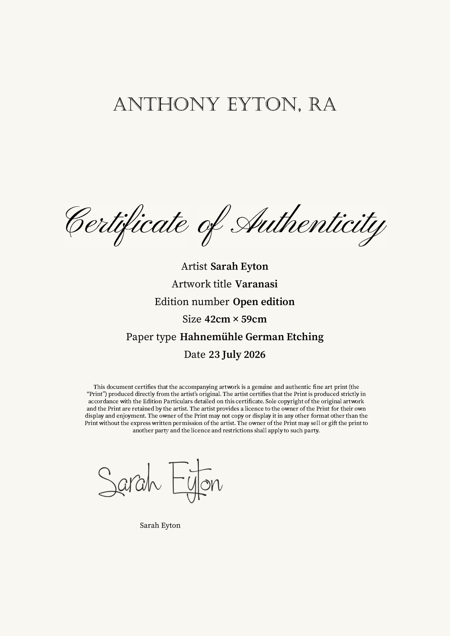 Varanasi — Certificate of Authenticity