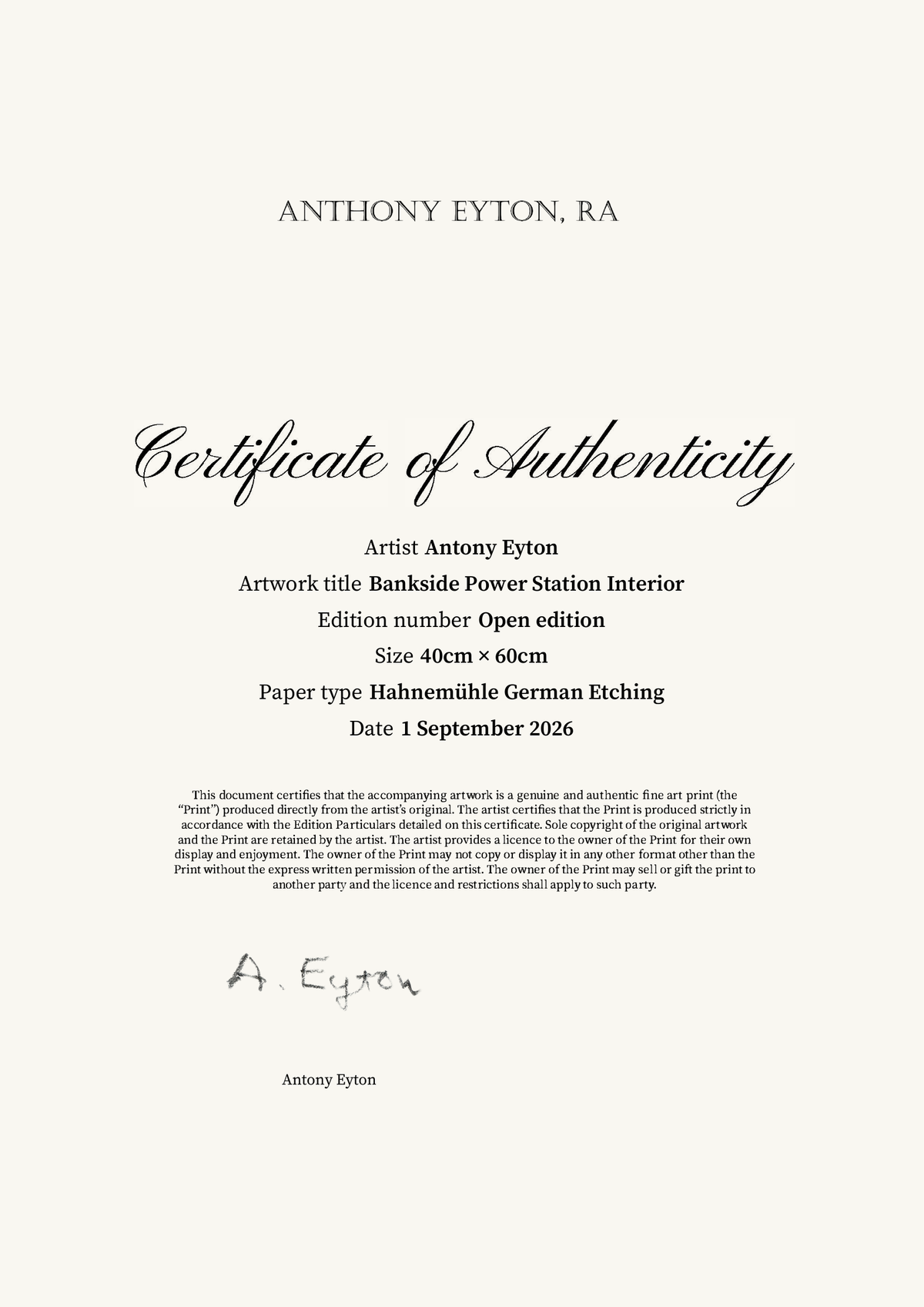 Bankside Power Station Interior — Certificate of Authenticity