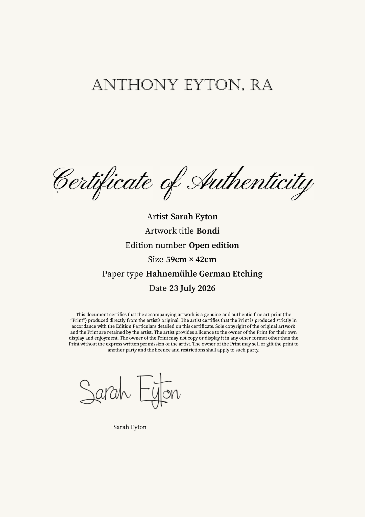 Bondi — Certificate of Authenticity