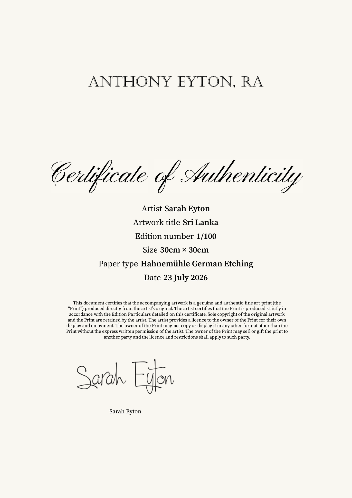 Sri Lanka — Certificate of Authenticity