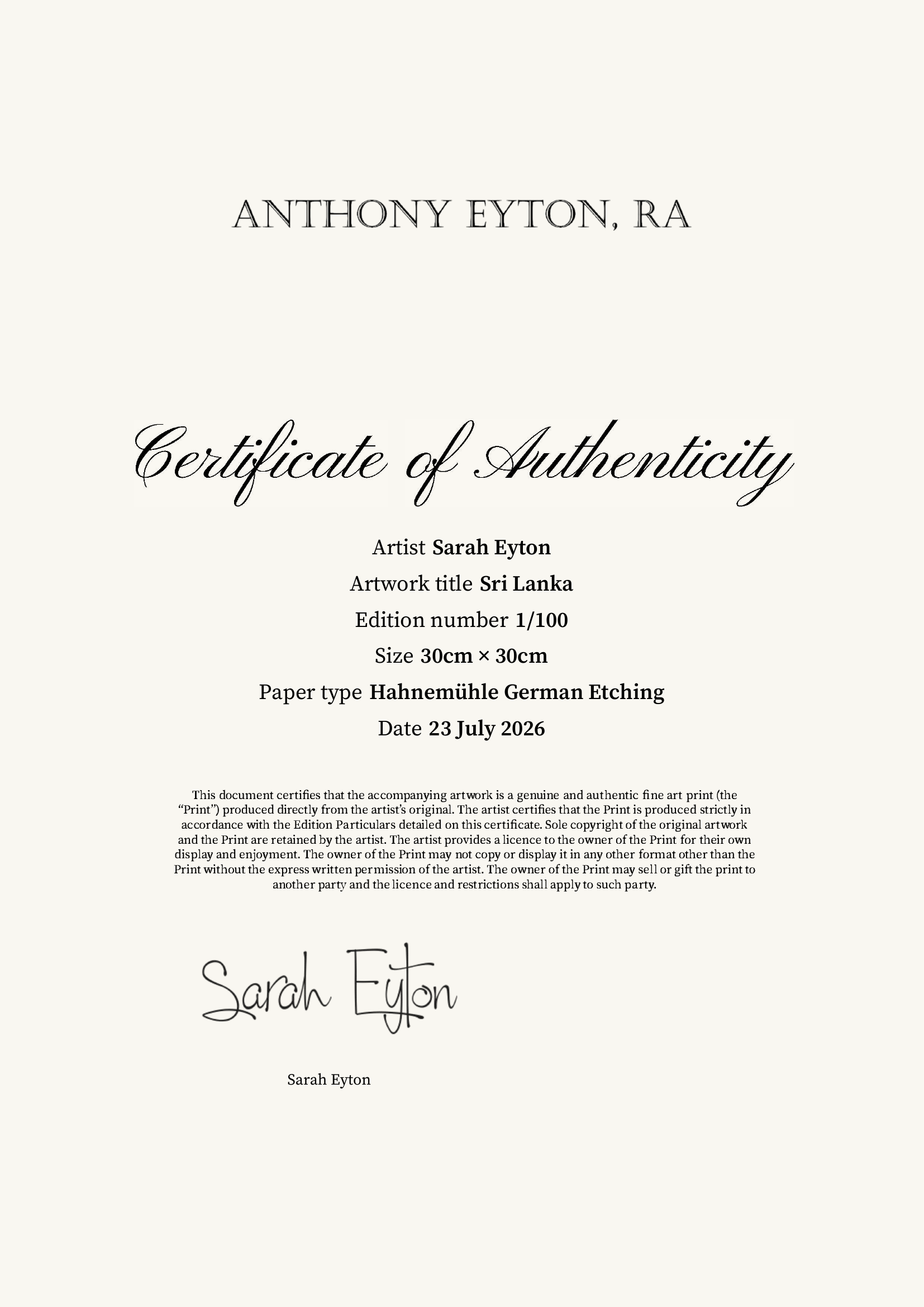 Sri Lanka — Certificate of Authenticity