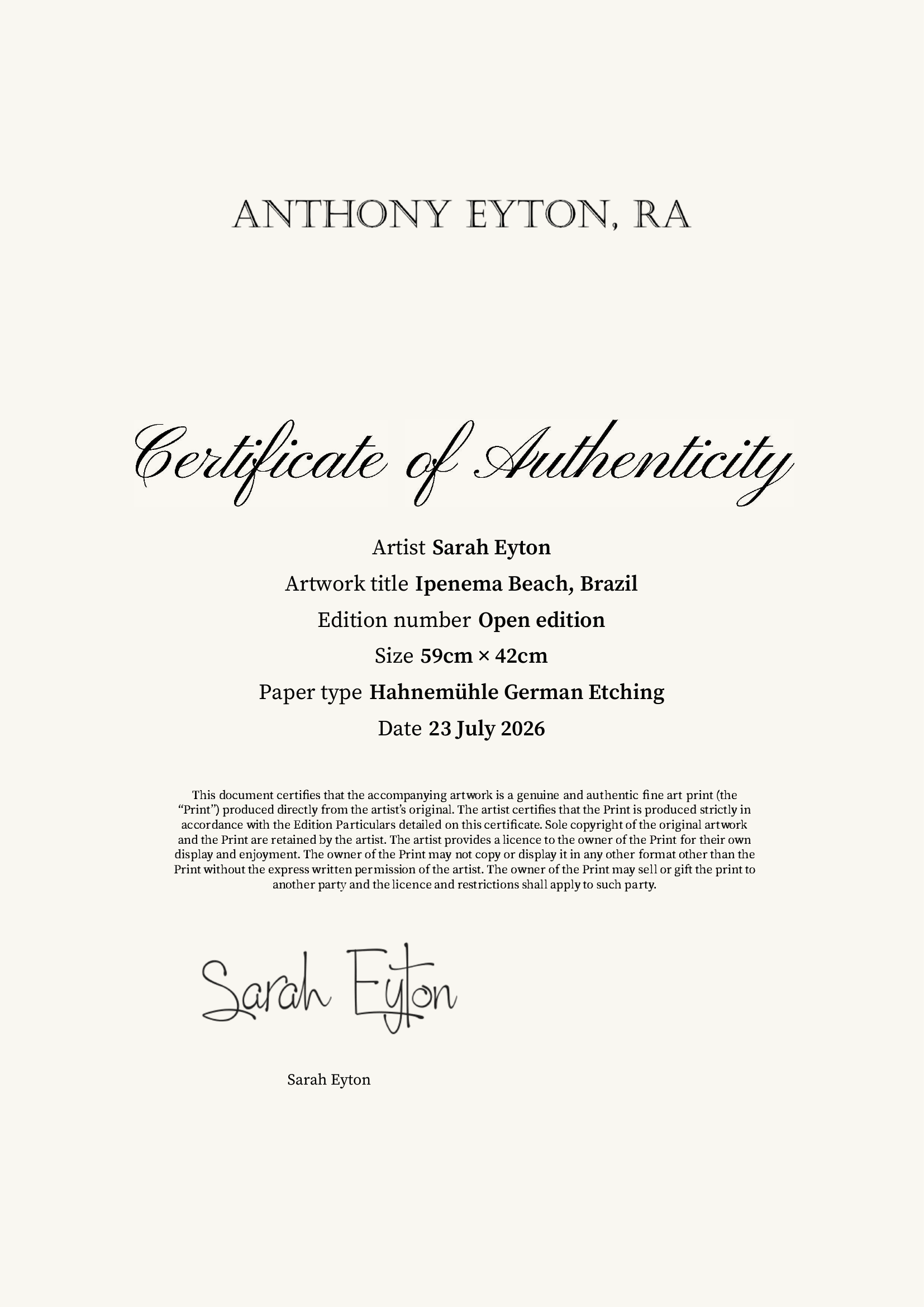 Ipenema Beach, Brazil — Certificate of Authenticity
