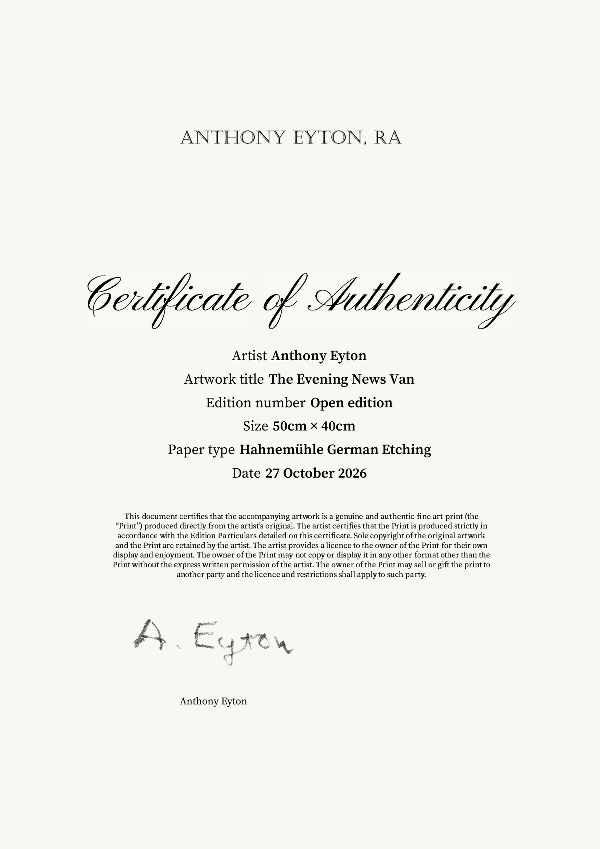 The Evening News Van — Certificate of Authenticity