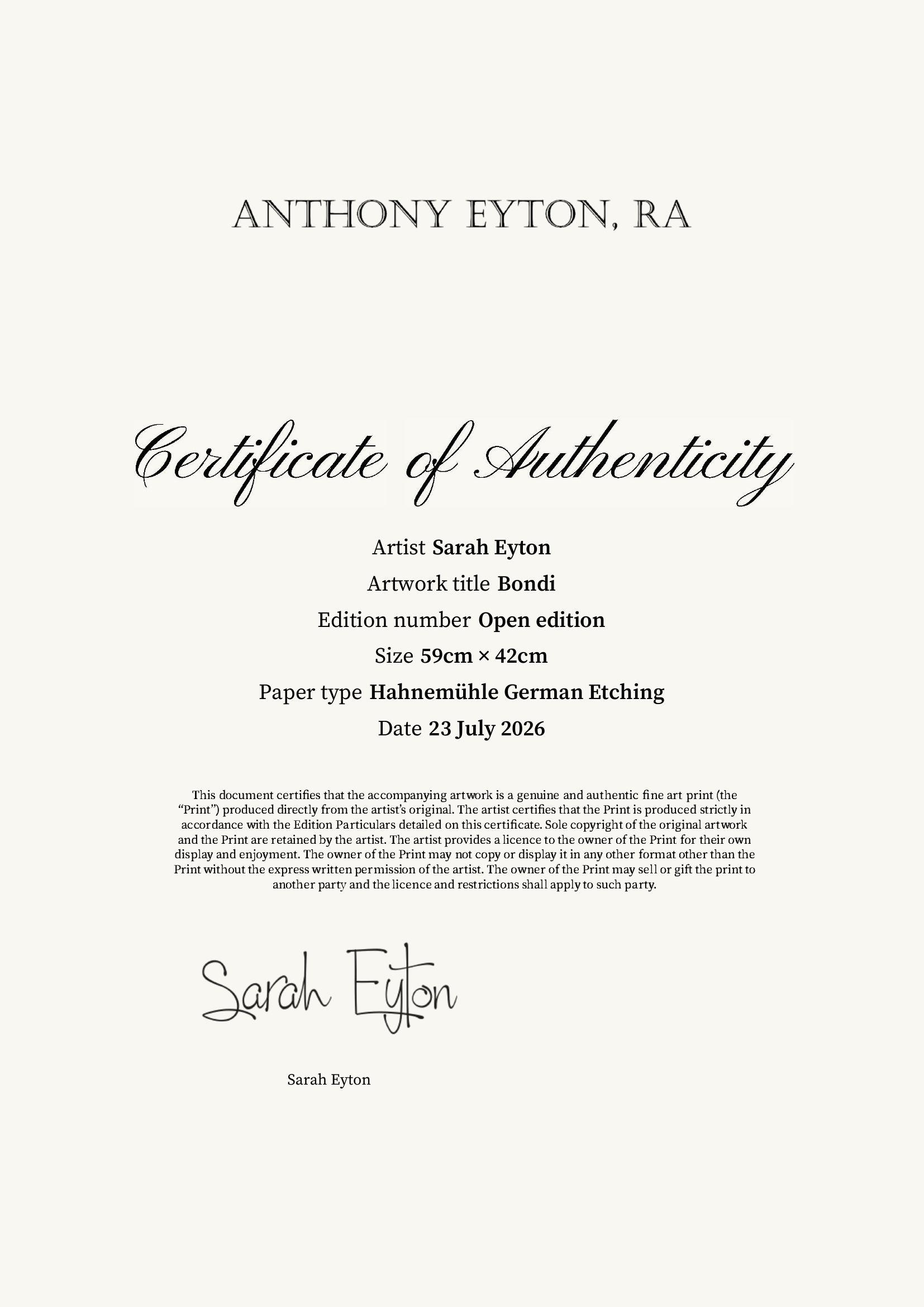 Bondi — Certificate of Authenticity